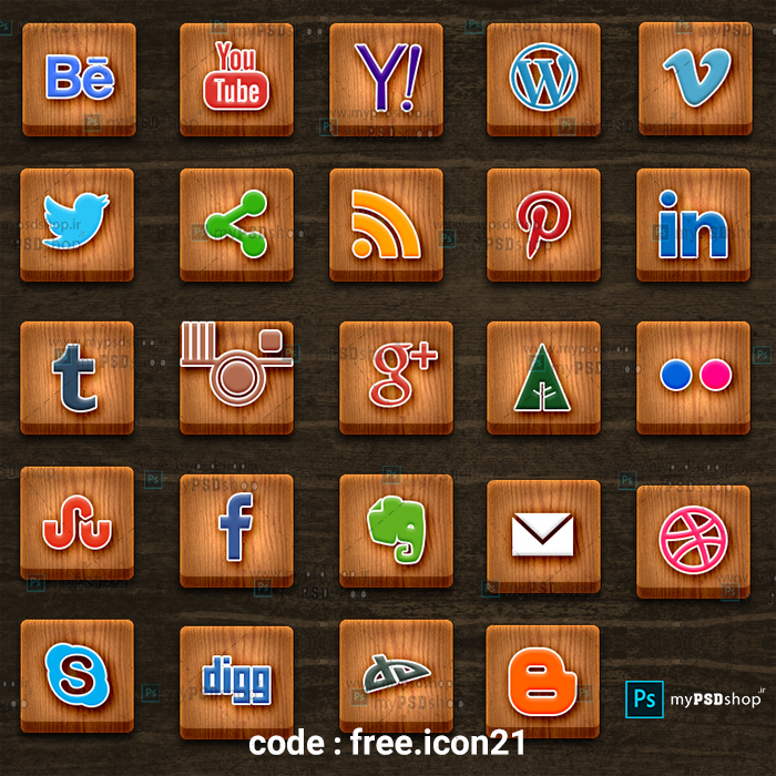 دانلود رایگان آیکن چوبی شبکه های اجتماعی free.icon21